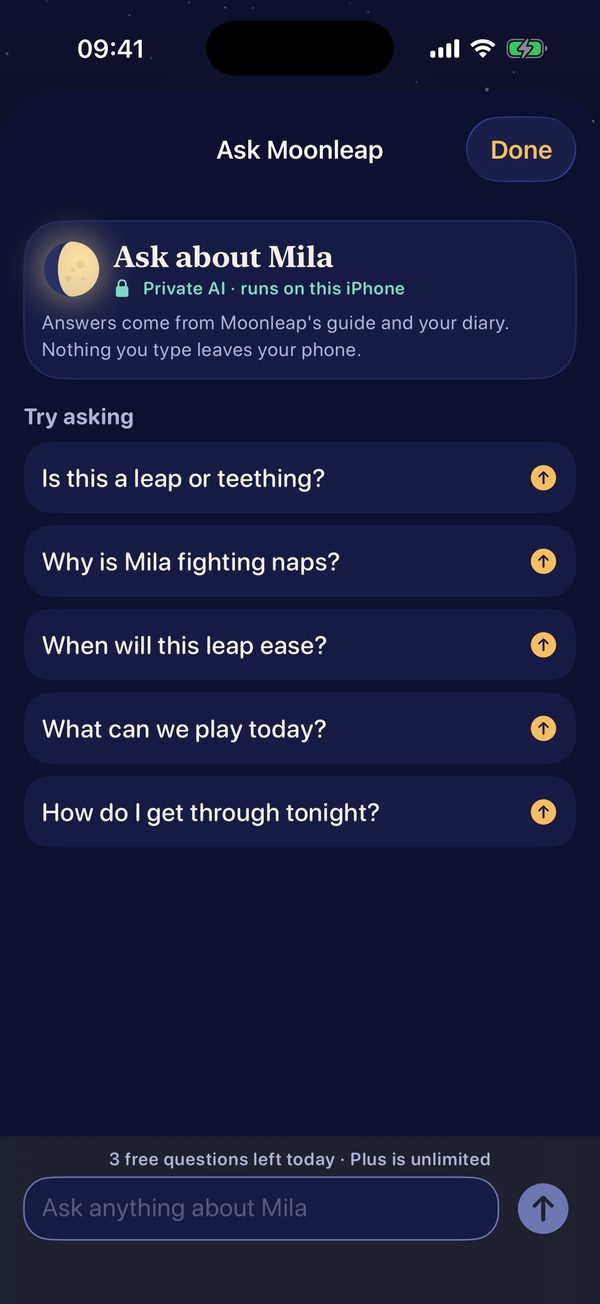 Ask Moonleap screen with suggested questions and a 'Private AI, runs on this iPhone' label