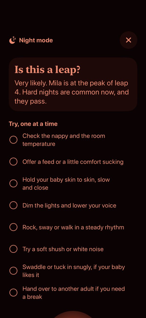 Night mode in deep red: 'Is this a leap? Very likely' and a soothing checklist